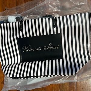 VICTORIAS SECRET PVC Tote Bag Black/Pink Stripes